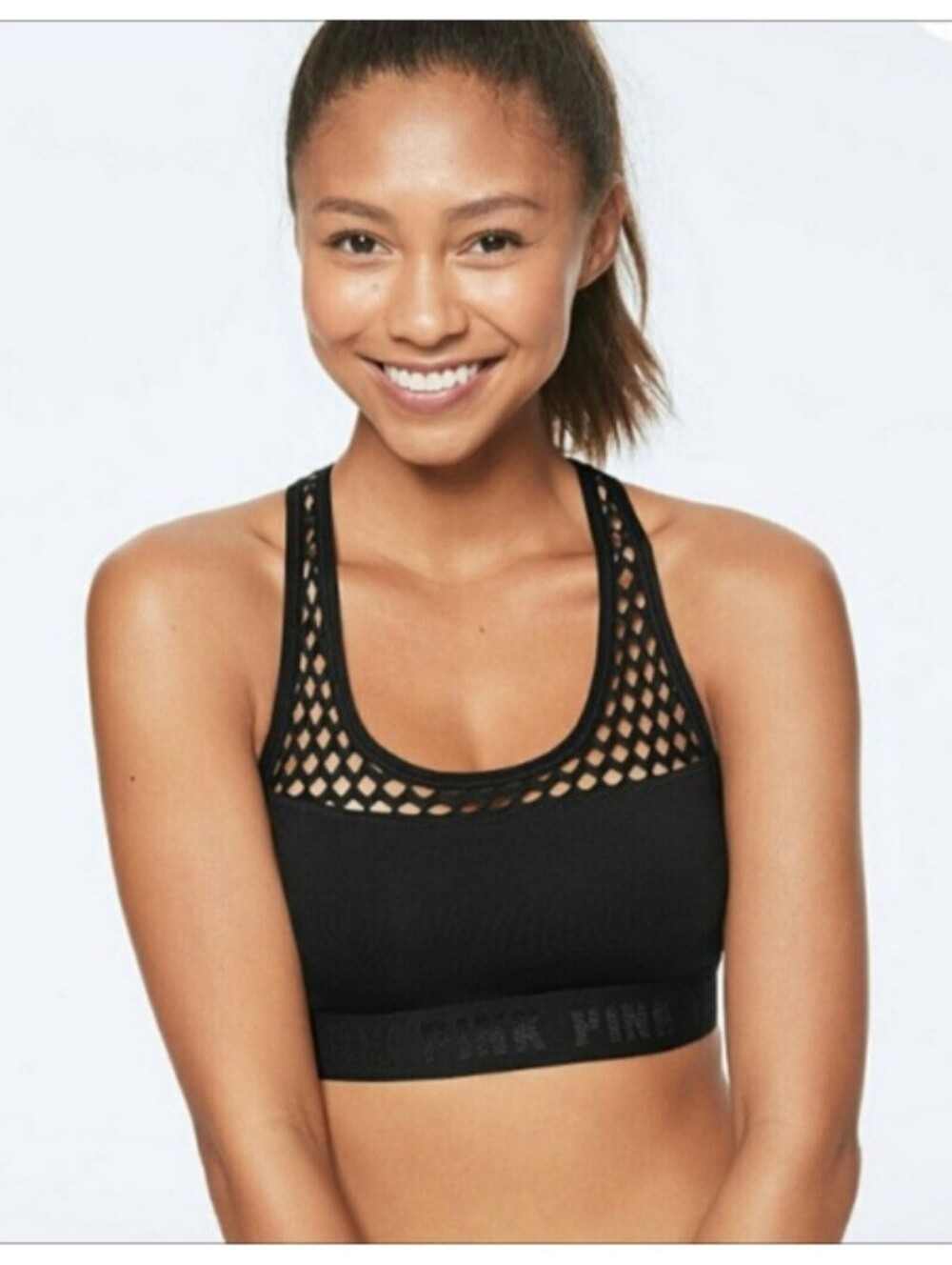 PINK Ultimate Black Mesh Unlined Stretch Unpadded Racerback Sports Bra Large